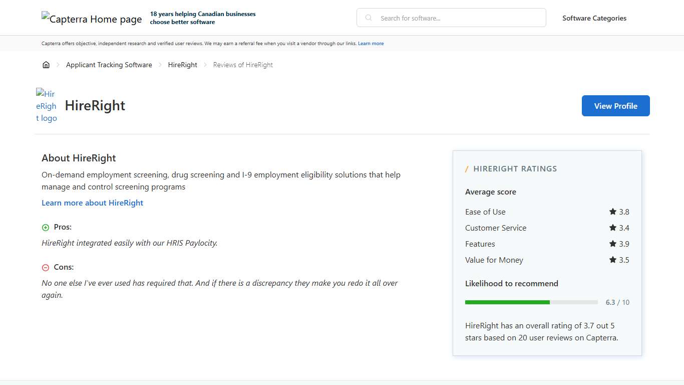 HireRight Reviews from Verified Users - Capterra Canada 2026